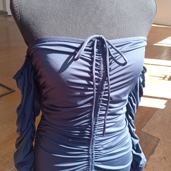 Navy longsleve off the shoulder adjustable rushing dress - Picture 6 of 8